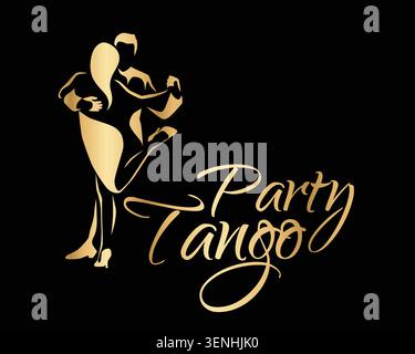 Elegant Tango party logo with stylized dancing couple in gold gradient on black background. Luxury latin dance design with flowing lines and dynamic m Stock Vector