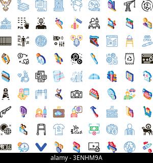 Collection of colorful isometric icons representing various business, technology, social, and service concepts, showing diverse symbols on a white bac Stock Vector