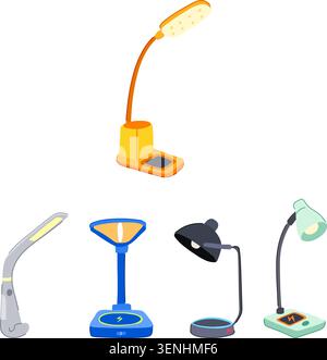Collection of modern desk lamps illustrating convenient wireless charging functionality, perfect for illuminating workspaces and enhancing smart home Stock Vector