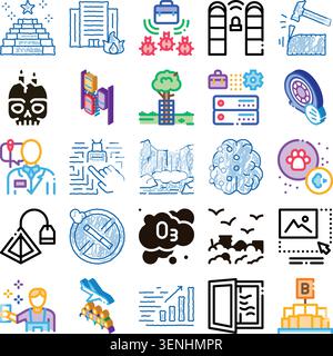 Conceptual doodle style outline drawing set visualizing various themes including business success, environmental protection, technology, and health on Stock Vector