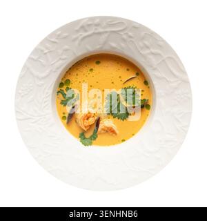 Creamy seafood soup with shrimp and mussels Stock Photo