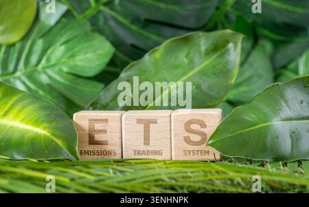 ETS Emissions Trading System acronym on wooden cubes with real green tropical leaves background, carbon market and climate policy concept. Stock Photo