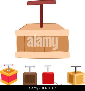 Assortment of cartoon style plunger detonator mechanisms used for activating explosives, showing a large version on top and several smaller, varied de Stock Vector