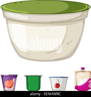 Yogurt containers displaying different packaging designs for milk based and plant based fermented foods, providing options for healthy eating and snac Stock Vector