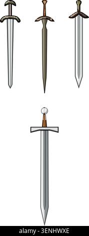 Four individual swords, distinguished by varying hilt and blade designs, standing vertically on a plain background, creating a collection of historica Stock Vector