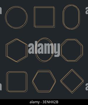Elegant gold geometric frames set with thin luxury lines . Collection includes circle, square, oval, hexagon and octagon shapes in modern minimal styl Stock Vector