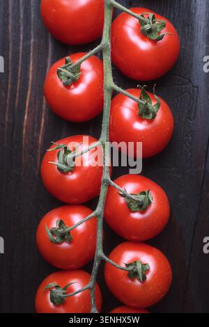 Row of ripe tomatoes on vine, top view on dark table. Seasonal harvest, healthy vegetarian ingredient Stock Photo