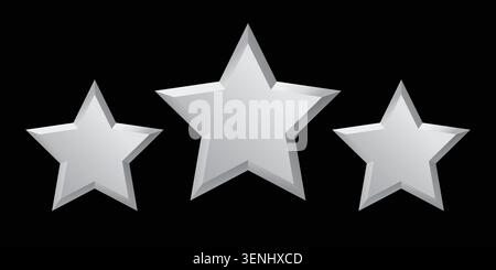 Three silver metallic stars rating rating set in 3D style. Clean geometric star icons representing review, feedback, quality and ranking. Isolated on Stock Vector