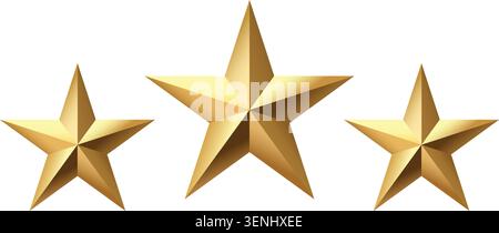 Modern geometric golden star icon collection with metallic gradient effect. Elegant decorative symbols isolated on transparent background. Ideal for b Stock Vector
