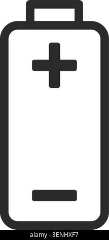 Minimal black and white battery icon with plus and minus symbols. Clean simple energy and power indicator design with clear geometric shape. Isolated Stock Vector