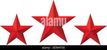 Three red stars rating rating set in 3D style. Clean geometric star icons representing review, feedback, quality and ranking. Isolated on transparent Stock Vector