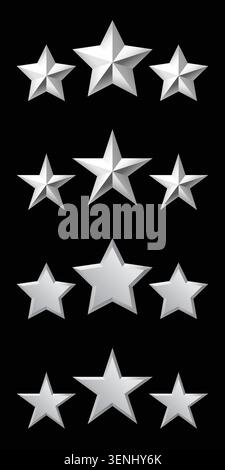 Silver 3d stars gleam with polished shine. Each star shines with crisp, bold edges. They form neat rows, simple and elegant. Perfect for rating system Stock Vector