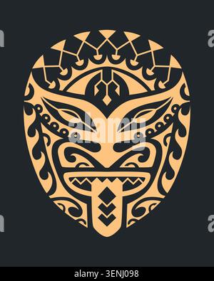 Stylized tribal mask with traditional Polynesian and Maori inspired sacred patterns. Symmetrical ornamental design created with bold geometric lines i Stock Vector