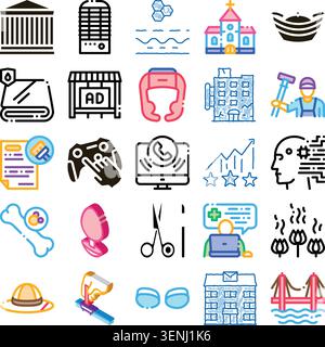 Diverse linear vector icon set illustrating business, tech, healthcare, gaming, architecture, construction and lifestyle conceptsclean minimal signs f Stock Vector