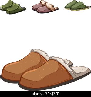 Varying pairs of soft, plush house slippers in warm tones arranged overhead on white background, cozy indoor footwear for home relaxation and casual w Stock Vector