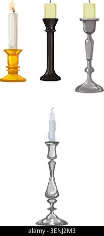 Various classic candle holders with burning wax candles casting warm, elegant glow, evoking memory, ritual, romance, and timeless home decor ambiance Stock Vector