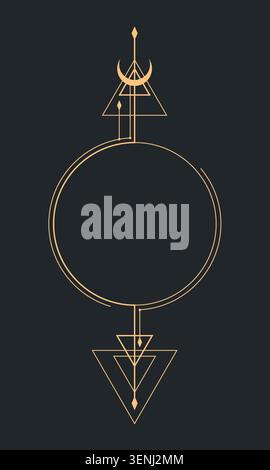 Abstract golden sacred geometry frame created with thin symmetrical line art on a dark background. Mystical esoteric emblem featuring circles, triangl Stock Vector