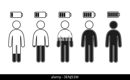 Conceptual illustration of human energy levels with battery indicators from low to full charge. Visual metaphor for burnout fatigue productivity motiv Stock Vector