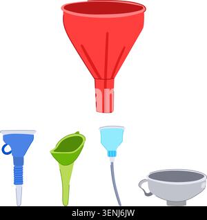Assortment of colorful funnels featuring different designs, materials, and sizes, illustrating essential tools for efficiently pouring and channeling Stock Vector