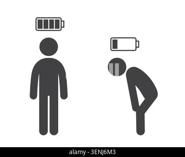 Set of simple energy level icons with stick person symbols and battery charge signs. One figure shows full energy and high productivity while another Stock Vector