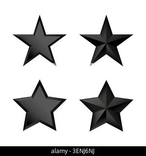 Black stars gleam with sharp edges. Each star shows a different angle and light reflection. They shine brightly against a plain white background. Perf Stock Vector