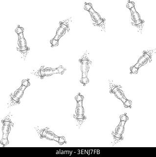 seamless pattern salt mill mechanical sketch hand drawn vector salt grinder, kitchen spice tool, wooden container Stock Vector