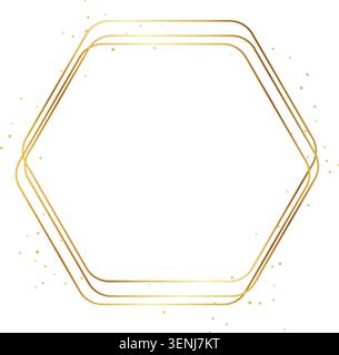 Elegant gold polygon hexagon frame with thin metallic lines and subtle glitter particles. Minimal luxury border design with clean geometric shape and Stock Vector