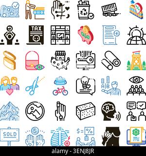 Set of various conceptual icons illustrating different aspects of modern life, communication, business, health, and personal well being, presented in Stock Vector