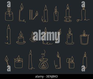 Set of elegant minimalist candles drawn in continuous one line style. Decorative candle silhouettes with flames in modern linear design isolated on da Stock Vector