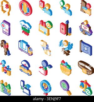 Grid of diverse isometric icons illustrating concepts across business, healthcare, technology, environment, transport, data security, and finance, rep Stock Vector