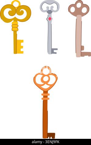 Four colorful, stylized antique skeleton keys representing concepts of unlocking possibilities, security, mystery, access, solution, secret, and histo Stock Vector