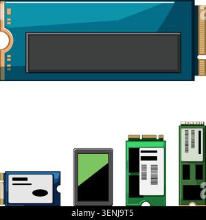 Solid state drives displaying different physical designs and sizes, representing modern computer hardware components for high speed data storage and d Stock Vector