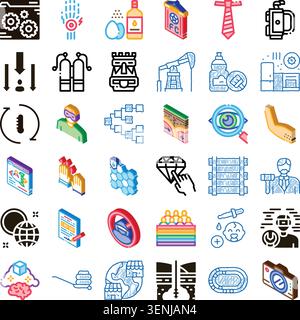 Collection of conceptual and industrial line art icons representing diverse business, social, and technology themes, including data, industry, and hum Stock Vector