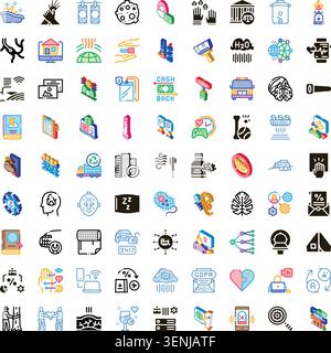 Set of colorful linear and isometric icons illustrating a broad range of themes including finance, health, environment, communication, and digital ser Stock Vector
