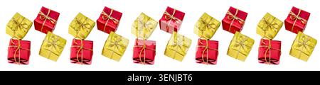 Holiday gift boxes horizontal repeating pattern. Christmas seamless border with red and gold gift boxes on white background. Stock Photo