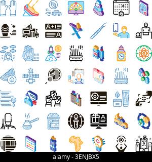 Large grid displaying a variety of modern vector icons in both flat line art and colorful isometric styles, representing diverse concepts across busin Stock Vector
