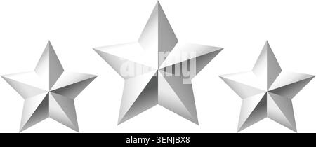 Three silver metallic stars rating rating set in 3D style. Clean geometric star icons representing review, feedback, quality and ranking. Isolated on Stock Vector