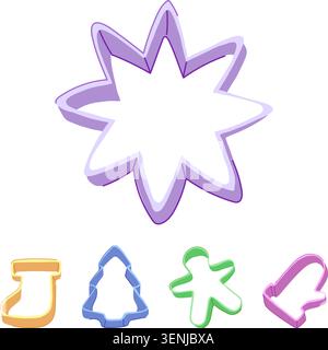Assortment of vibrant cookie cutters, including a star, stocking, christmas tree, gingerbread man, and mitten, ready for creating festive treats and c Stock Vector
