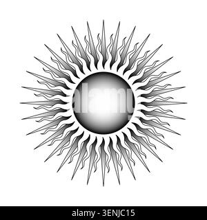 Ornamental sun symbol with alternating sharp and flowing rays arranged in a circular sunburst design. Decorative celestial element inspired by vintage Stock Vector