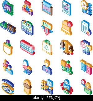 Collection of isometric icons illustrating diverse concepts including business and retail services, health and medical care, technology and communicat Stock Vector
