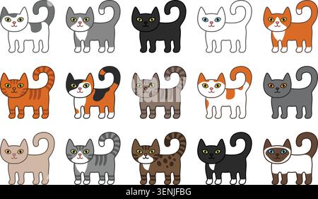 Set Cute Cartoon Cats Collection Diverse Feline Characters unique design and color scheme. The collection includes black, white, gray, orange, and mul Stock Vector