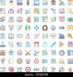 Colorful linear pictogram set illustrating diverse themes and servicesbusiness, tech, health, travel, food, home, education, sports and lifestyle icon Stock Vector