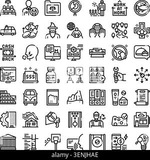Black and white line icons representing diverse aspects of modern living, including finance, technology, health, work, travel, and leisure activities, Stock Vector