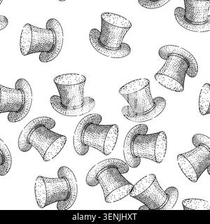 seamless pattern vintage top hat hand drawn. gentleman costume, theater victorian, steampunk magician vintage top hat black sketch illustration Stock Vector