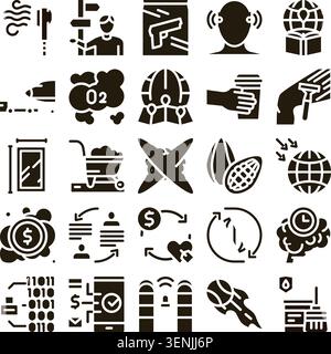 Black and white pictogram set showing business, technology, environment, health and daily life symbols  versatile icons for modern life, communication Stock Vector