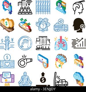 Collection of conceptual isometric and line icons presenting various themes including mental health, industrial landscapes, financial growth, human or Stock Vector