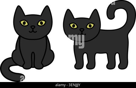 Cute black cats set collection icon in simple minimal cartoon style with bright green eyes. Clean flat design with bold outline, perfect for stickers, Stock Vector