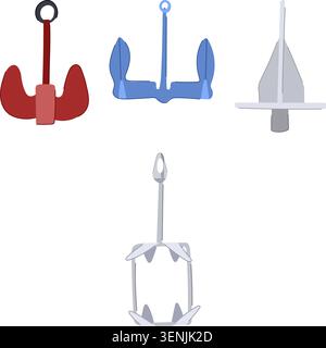 Four modern flat design anchors showing different types of mooring gear for boats and ships, ideal for nautical, maritime and marine concept illustrat Stock Vector