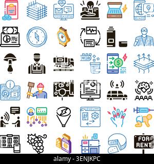 Collection of outline and colored doodle icons depicting business, technology, finance, health, transport, food and miscellaneous concepts like innova Stock Vector