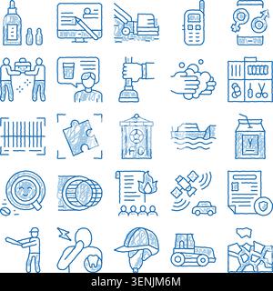 Set of hand drawn doodle icons and sketches depicting commerce, education, health, sports and technology concepts  assorted blue and white designs for Stock Vector